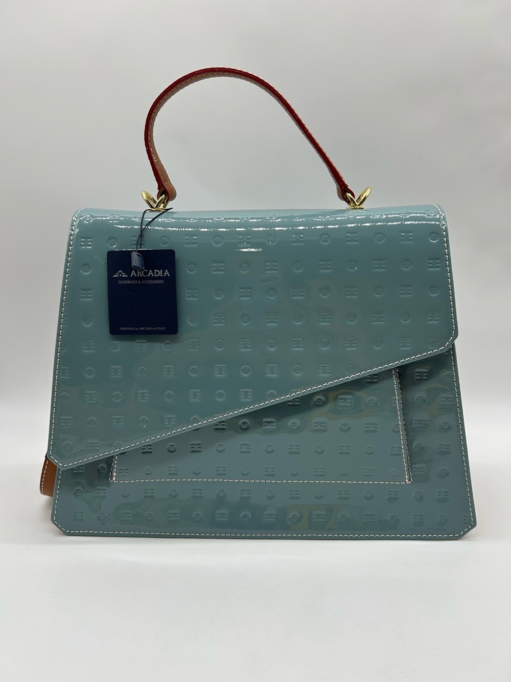 Arcadia Patent Leather Crossbody Bag Blue Tan Made in Italy New With Tag - Picture 6 of 15